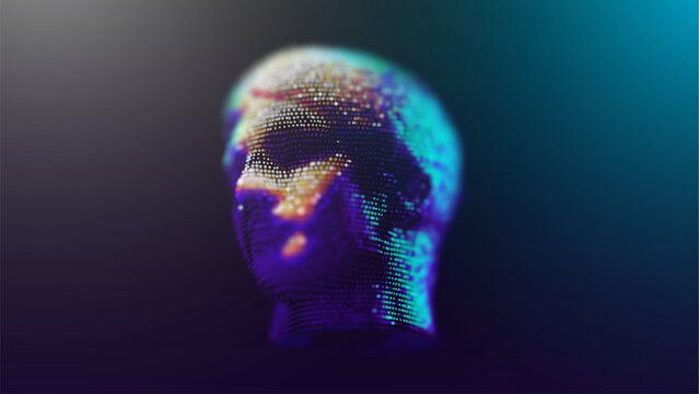 Antique head in backlight. Depth of field. Dark background. Sculpture. Abstract male head from dots.