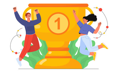 Team of leaders near golden cup concept