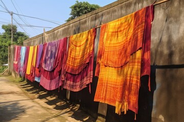 hand-painted indian sari fabric drying outdoors, created with generative ai