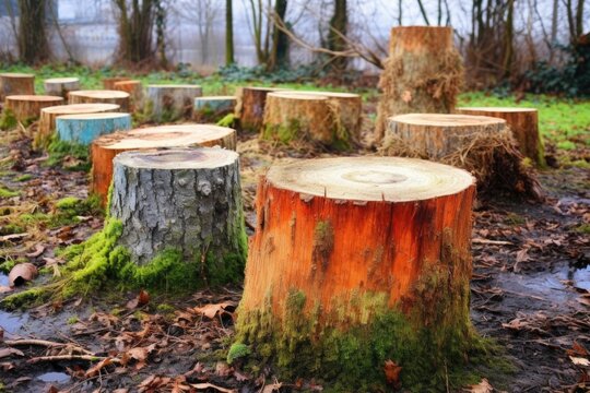 tree stumps left after in a christmas tree farm, created with generative ai