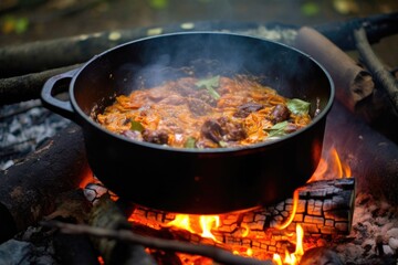 stirring gumbo in cast iron pot on campfire, created with generative ai