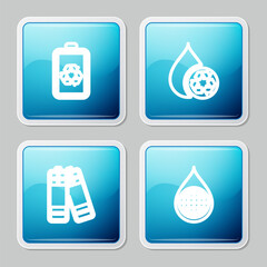 Set line Battery with recycle, Recycle clean aqua, and Earth planet in water drop icon. Vector