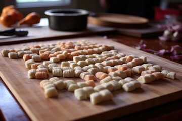 gnocchi being shaped on a ridged board, created with generative ai