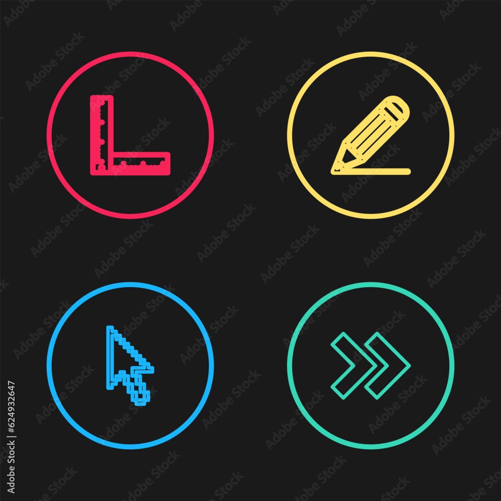 Poster set line pixel arrow cursor, arrow, pencil and line and folding ruler icon. vector