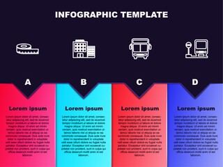 Set line Tape measure, Hotel building, Bus and stop. Business infographic template. Vector