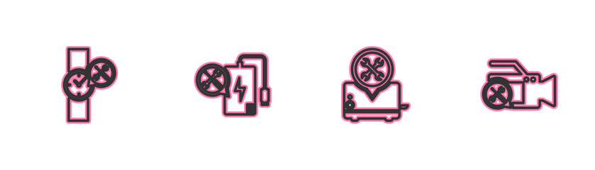 Set line Wrist watch service, Toaster, Power bank and Video camera icon. Vector