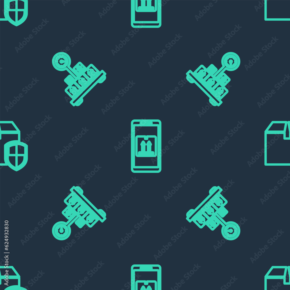 Poster set line mobile with app tracking, scale cardboard box and delivery security shield on seamless patt
