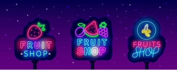 Fruit shop neon street billboard collection. Glowing outdoor advertising. Vector stock illustration