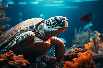 Obraz premium Underwater world with corals turtle fishes ocean inside. coral reef, blue tortoise, dept, lagoon aquatic world, coral formations animals marine life, aquatic creatures, water characters sea immensity,