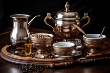 traditional coffee setup with jebena, cini, and sugar bowl, created with generative ai