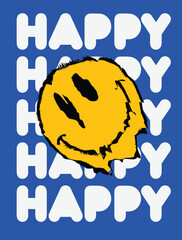 Modern distorted smiley face illustration print with happy slogan for graphic tee t shirt or sticker - Vector

