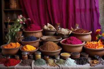 Fototapeta premium natural dye ingredients displayed for sari coloring, created with generative ai