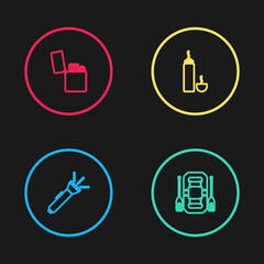 Set line Flashlight, Rafting boat, Thermos container and Lighter icon. Vector