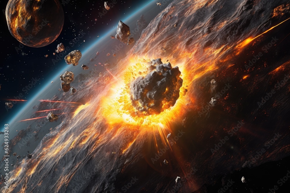 Wall mural a dynamic asteroid collision in outer space, created with generative ai