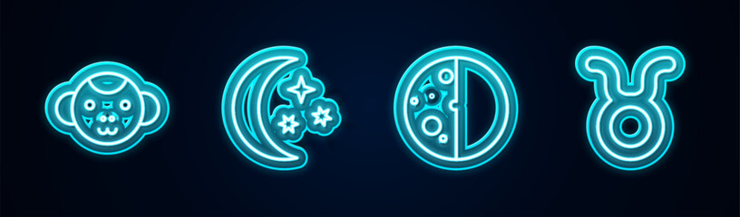 Set line Monkey zodiac, Moon and stars, Eclipse of the sun and Taurus. Glowing neon icon. Vector