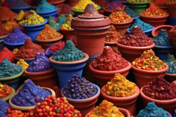 Fototapeta premium vibrant spice piles in traditional clay pots, created with generative ai