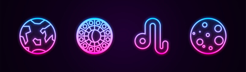 Set line Planet Earth, Astrology horoscope circle, Leo zodiac and Moon. Glowing neon icon. Vector