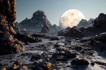 Obraz premium rocky asteroid surface with deep craters and shadows, created with generative ai