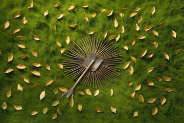 top view of a rake on grass with scattered leaves, created with generative ai
