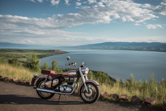 classic motorbike parked near a scenic overlook, created with generative ai