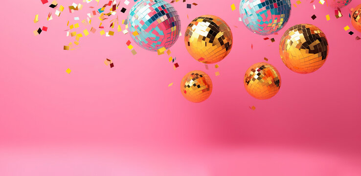 Sparkling disco balls arranged in a playful arrangement on a pastel gradient backdrop, emanating a whimsical and enchanting atmosphere.