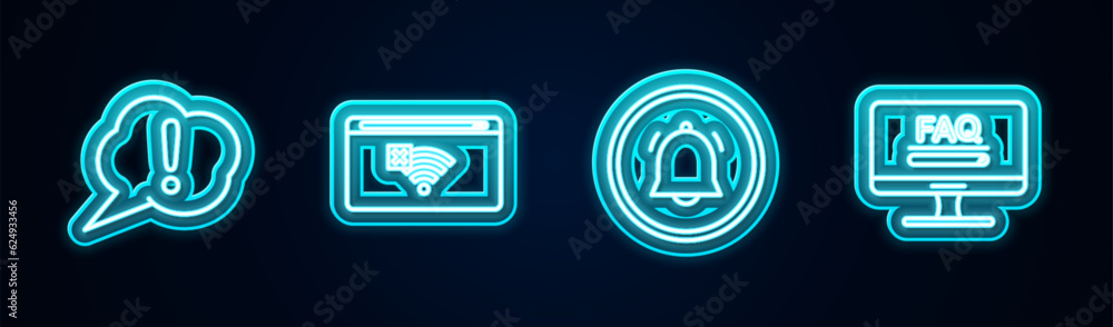 Poster set line speech bubble exclamation, no internet connection, button chat notification and monitor wit