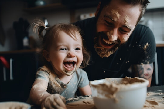 parent and child baking cookies, father and daughter cooking together - generative ai