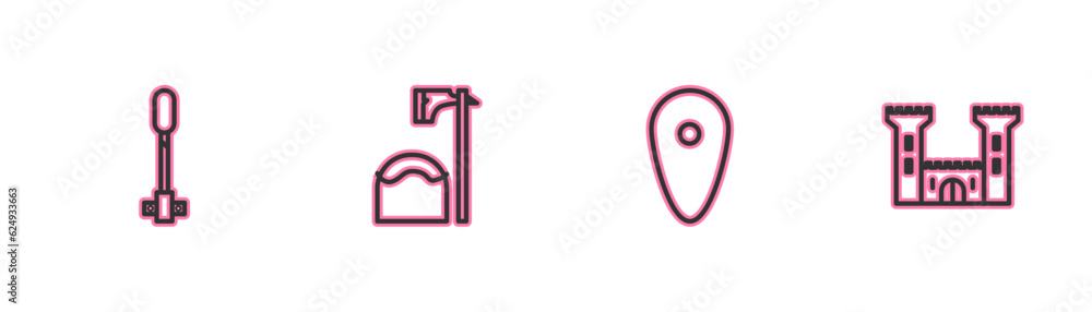 Aufkleber set line torch flame, shield, executioner axe in tree block and castle icon. vector