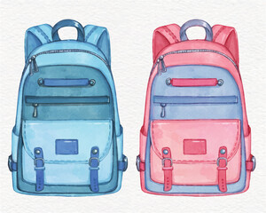 Kids school bag backpack for girl and boy. Basic urban bag watercolor illustration for education and back to school concept