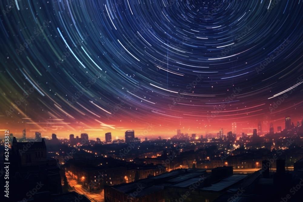 Sticker curved star trails over a city skyline at night, created with generative ai