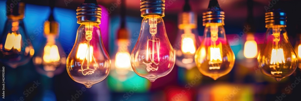 Poster decorative antique light bulbs in a row with bokeh and colorful style. generative ai