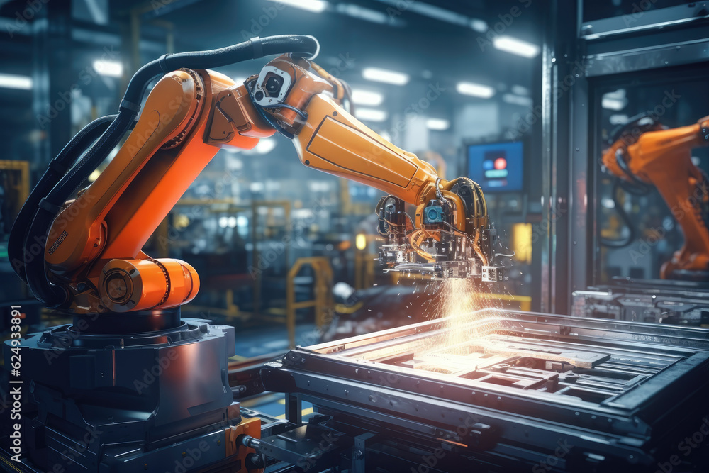 Fototapete Robotic arm for electronic assembly line. Smart modern factory automation using advanced machines. Generative AI