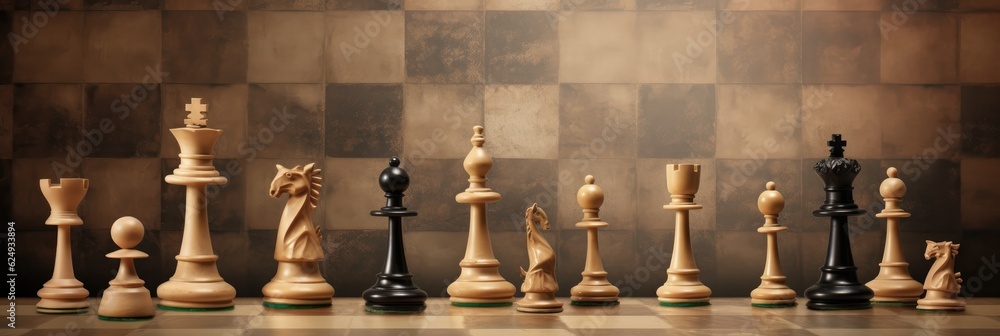 Poster checkerboard squares with chess pieces for backdrop