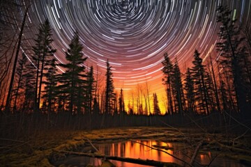 star trails surrounding the north star above a forest, created with generative ai