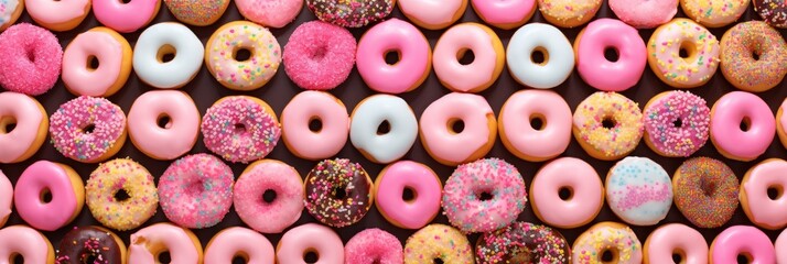 Obraz premium Top view of many colorful pink sweet delicious donuts. Generative AI