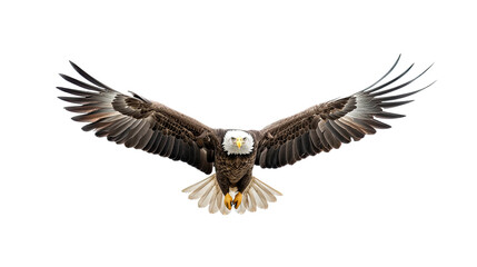 a Bald Eagle (Haliaeetus leucocephalus) in flight, full body frontal view in a  Wildlife-themed, photorealistic illustration in a PNG format, cutout, and isolated. Generative AI