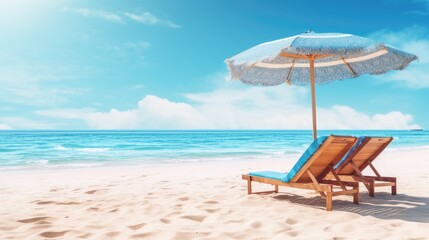 Fototapeta na wymiar Beach chairs and umbrella on a white sandy beach. Generative AI