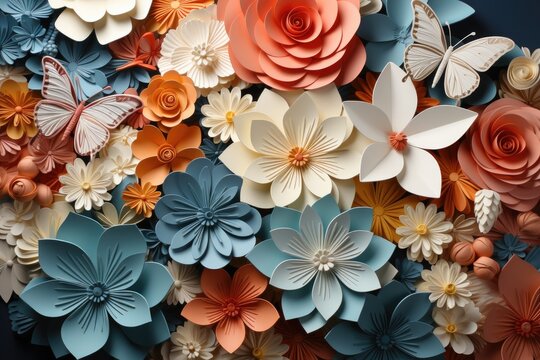 Origami paper flowers with butterflies. Generative AI