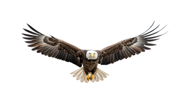 a Bald Eagle (Haliaeetus leucocephalus) in flight, full body frontal view in a  Wildlife-themed, photorealistic illustration in a PNG format, cutout, and isolated. Generative AI