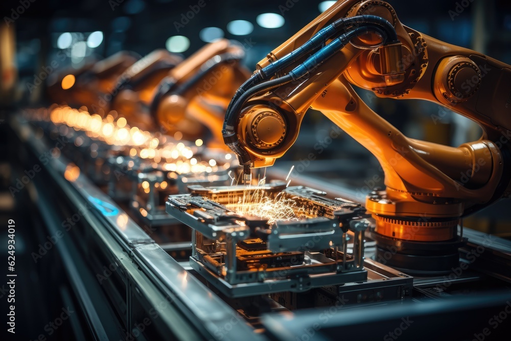 Poster Robotic arm for electronic assembly line. Smart modern factory automation using advanced machines. Generative AI