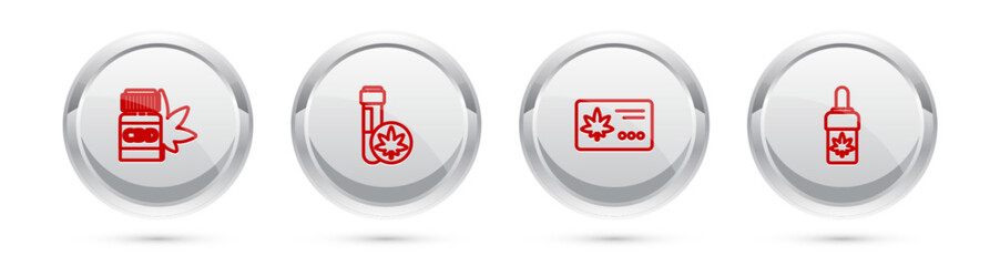 Set line Medical bottle with marijuana, Chemical test tube, Calendar and leaf and Marijuana or cannabis olive oil. Silver circle button. Vector