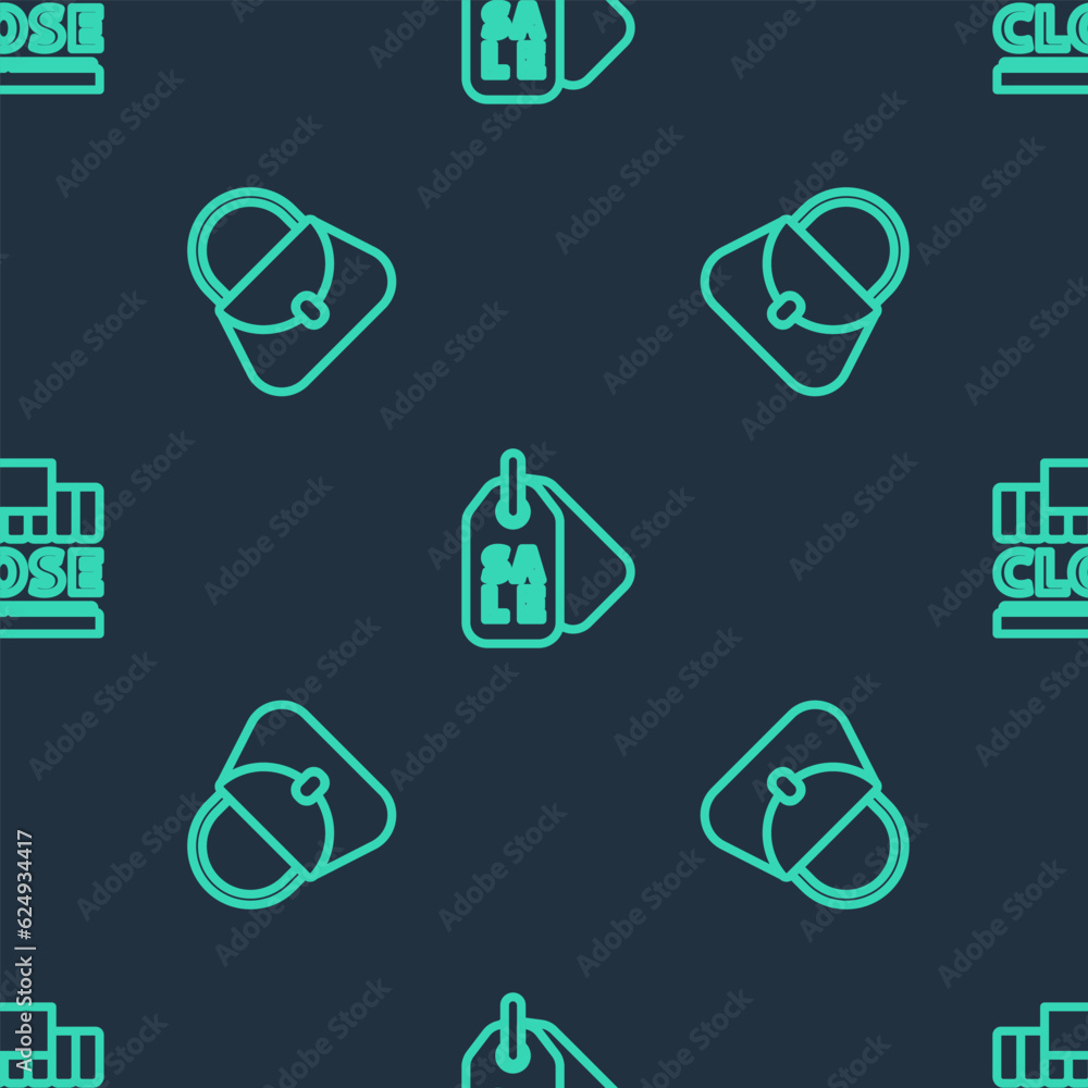 Poster set line price tag with sale, handbag and shopping building text closed on seamless pattern. vector
