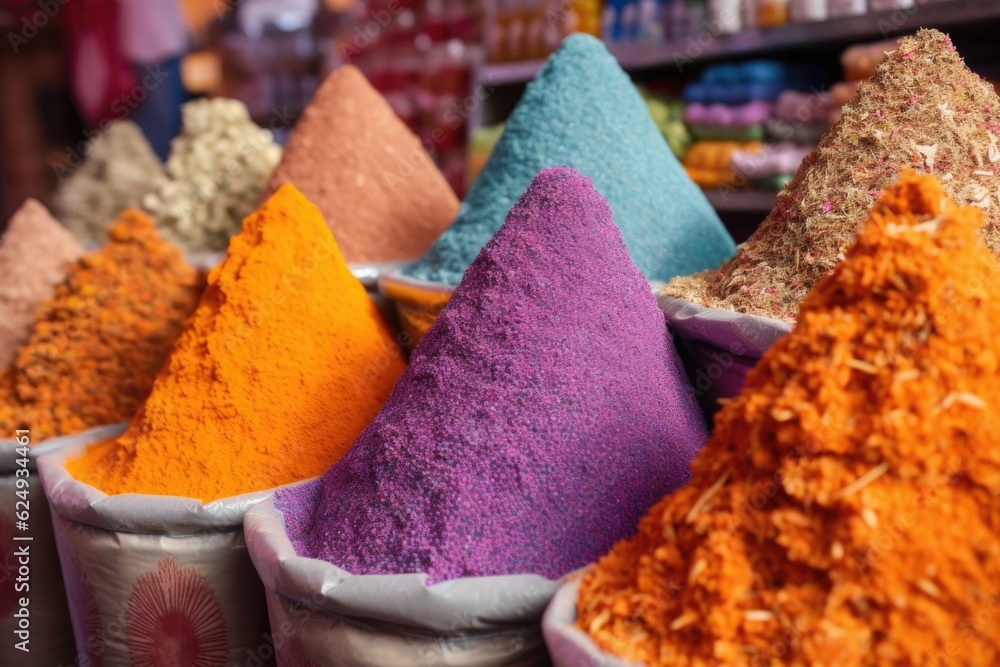 Sticker close-up of vibrant spice piles in a market, created with generative ai