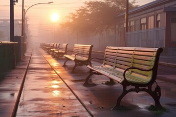 Fototapeta na wymiar early morning dew on train station benches, created with generative ai