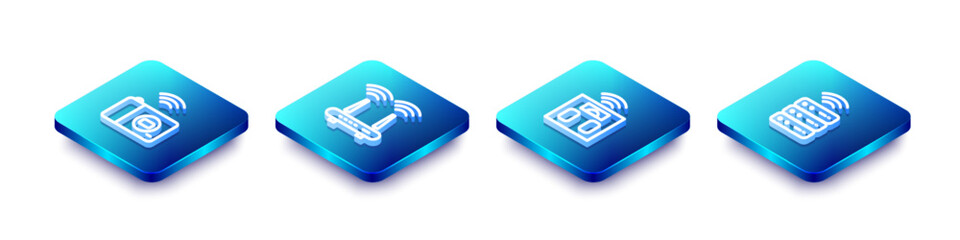 Set Isometric line Smart photo camera, Router and wi-fi signal, bathroom scales and server icon. Vector