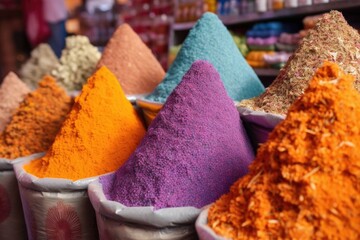 close-up of vibrant spice piles in a market, created with generative ai