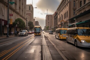 Naklejka premium electric buses on dedicated lanes in downtown, created with generative ai