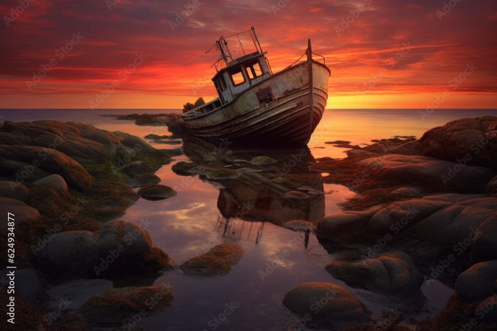 Poster sinking boat near rocky shore during sunset, created with generative ai