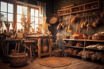 a cozy workshop setup with baskets and weaving supplies, created with generative ai