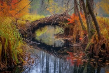 beaver dam in autumn with colorful foliage, created with generative ai - obrazy, fototapety, plakaty
